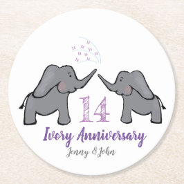 Posavasos Redondo De Papel 14.º aniversario de los elefantes de marfil morado