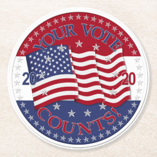 Posavasos Redondo De Papel 2020 Su voto cuenta bandera americana