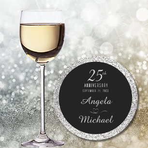 Posavasos Redondo De Papel 25 Aniversario Esparkle plateado Glam estilo negro
