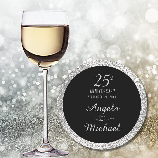 Posavasos Redondo De Papel 25 Aniversario Esparkle plateado Glam estilo negro (Subido por el creador)