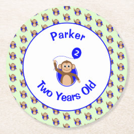 Posavasos Redondo De Papel 2.º cumpleaños lindo mono globo azul añadir nombre