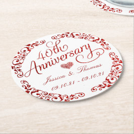 Posavasos Redondo De Papel 40º Aniversario de Bodas de Rubí