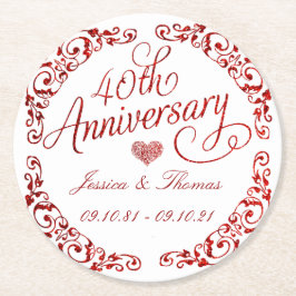 Posavasos Redondo De Papel 40º Aniversario de Bodas de Rubí