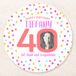 Posavasos Redondo De Papel 40.ª foto personalizado colorida del cumpleaños de