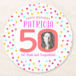Posavasos Redondo De Papel 50.ª foto personalizado colorida del cumpleaños de