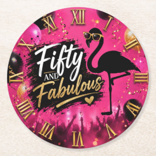Posavasos Redondo De Papel 50 and fabulous,  50th birthday pink flamingo