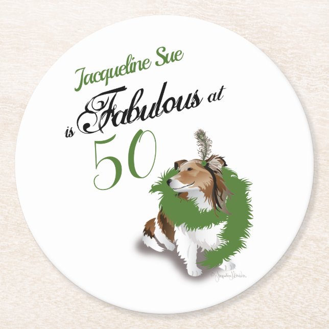 Posavasos Redondo De Papel 50 y fabuloso cumpleaños Sheltie Dog Green (Anverso)