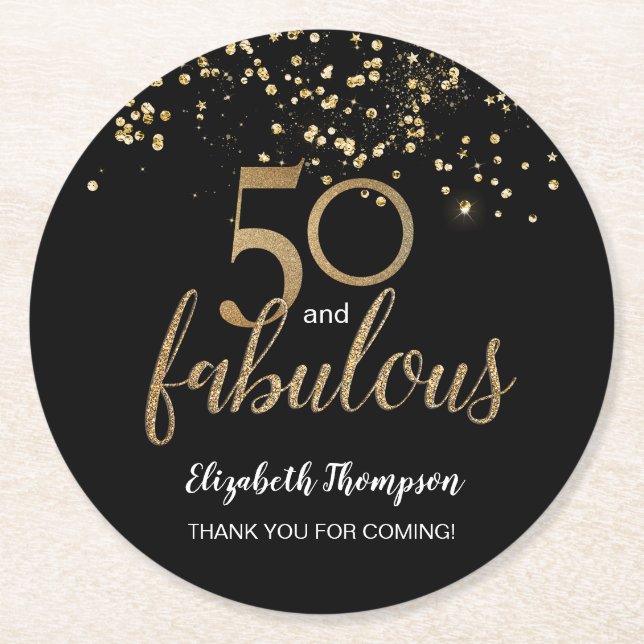 Posavasos Redondo De Papel 50 y fabuloso purpurina de oro personalizado (Anverso)