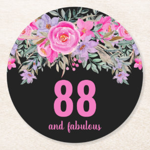 Posavasos Redondo De Papel 88.º cumpleaños floral rosa negro
