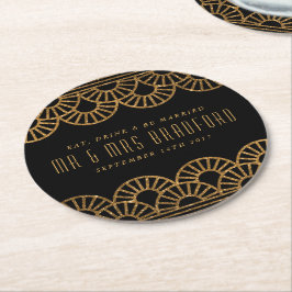 Posavasos Redondo De Papel Abanicos Art Deco de Boda y Celebración de Oro Pos