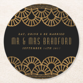 Posavasos Redondo De Papel Abanicos Art Deco de Boda y Celebración de Oro Pos