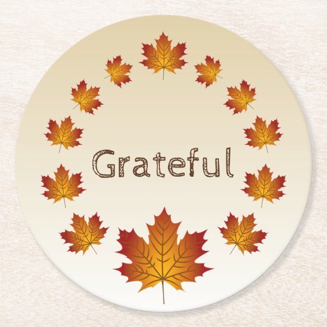 Posavasos Redondo De Papel Acción de Gracias Wreath agradeció simples hojas d (Anverso)