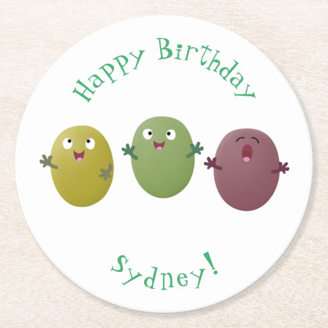 Posavasos Redondo De Papel Aceitunas alegres y lindas cantando personalizado (Anverso)