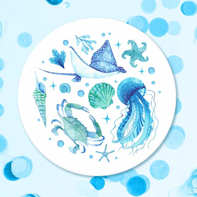 Posavasos Redondo De Papel Acuarela bajo la medusa azul del mar, concha marin (Watercolor Under the Sea Blue Jellyfish, Sea Shell Round Paper Coaster)