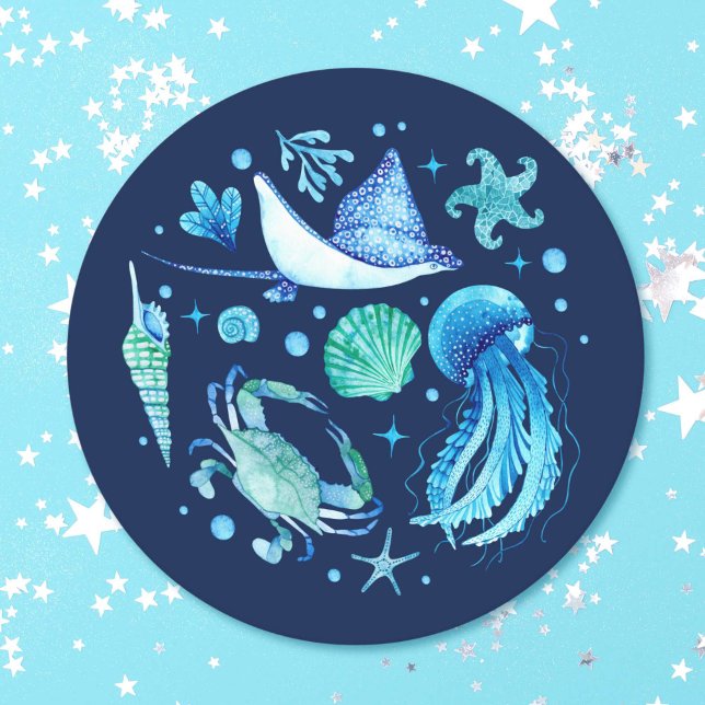 Posavasos Redondo De Papel Acuarela bajo la medusa de mar, marina de conchas  (Watercolor Under the Sea Jellyfish, Sea Shell Navy Round Paper Coaster)