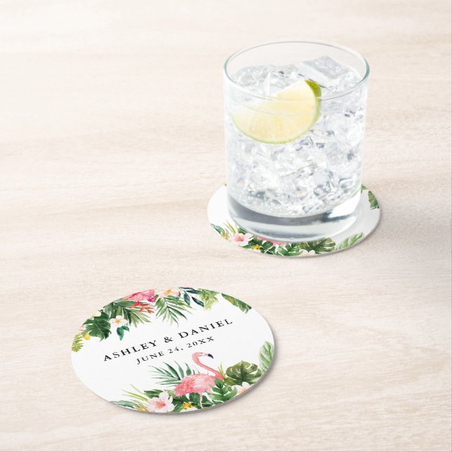Posavasos Redondo De Papel Acuarela Boda de flamenco floral tropical (In situ)