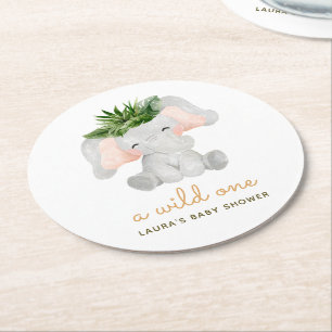 Posavasos Redondo De Papel Acuarela Elefante Hojas Tropicales Baby Shower