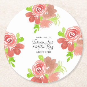 Posavasos Redondo De Papel Acuarela Floral Rosa Beige Rubor Hoja Boda