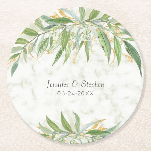 Posavasos Redondo De Papel Acuarela Marble Botánico Elegante Boda (Anverso)