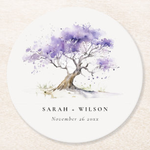Posavasos Redondo De Papel Acuarela mínima Lilac Jacaranda Tree Boda