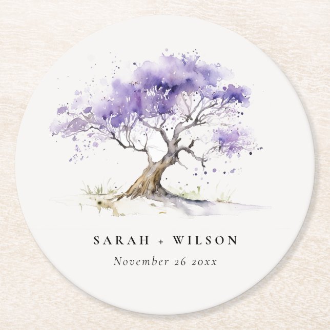 Posavasos Redondo De Papel Acuarela mínima Lilac Jacaranda Tree Boda (Anverso)