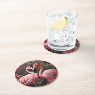 Posavasos Redondo De Papel Acuarela Romance de flamenco rosa tropical