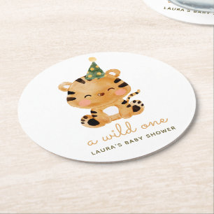 Posavasos Redondo De Papel Acuarela Safari de Tigre Baby Shower