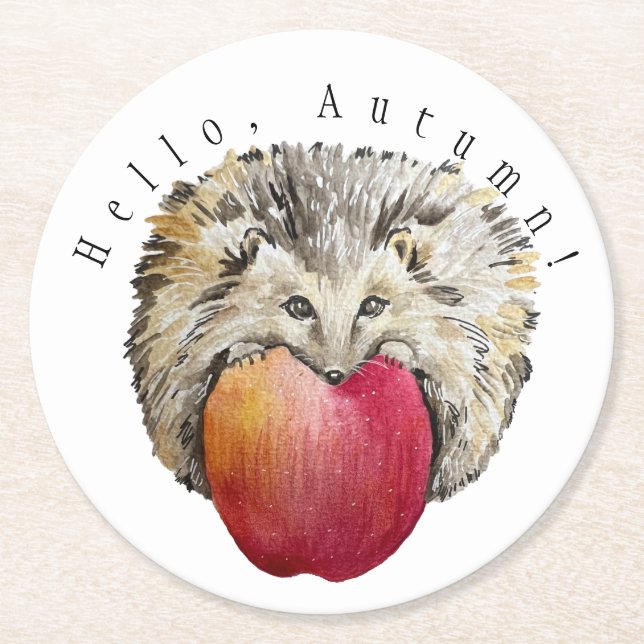 Posavasos Redondo De Papel Acuarela tierno hedgehog y montaña de piedra de ma (Anverso)