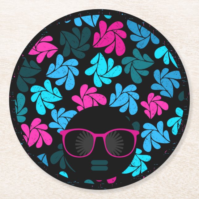 Posavasos Redondo De Papel Afro Diva Turquesa y Rosa Caliente (Anverso)
