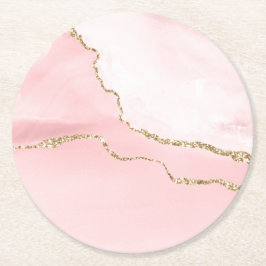 Posavasos Redondo De Papel Agante Rubor rosa con cinta dorada elegante