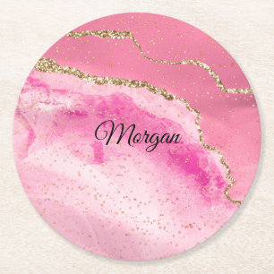 Posavasos Redondo De Papel Ágata Rosa y Dorada con Estrellas Doradas, Nombre