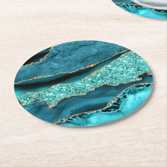 Posavasos Redondo De Papel Agate Verde azulado Purpurina de oro azul Marble A (En perspectiva)