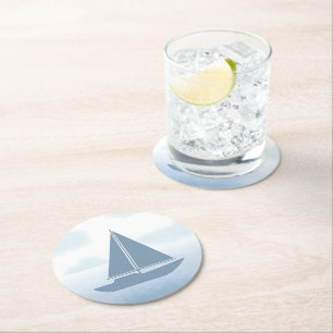 Posavasos Redondo De Papel Aguamarina de acuarela de barco de vela Baby Showe