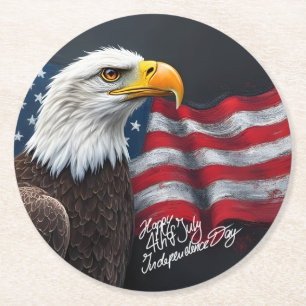 Posavasos Redondo De Papel Águila calva con bandera americana arte del 4 de j
