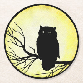Posavasos Redondo De Papel Alarmante lechuza vintage con luna de color amaril