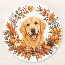 Posavasos Redondo De Papel Alfombra de Otoño de Golden Retriever
