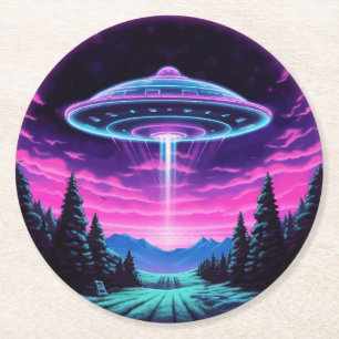 Posavasos Redondo De Papel Alien Spaceship Retro Futurista