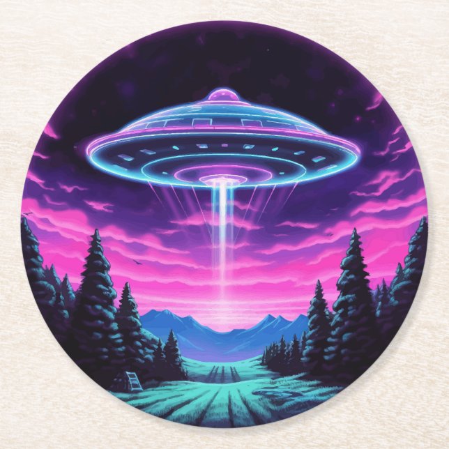 Posavasos Redondo De Papel Alien Spaceship Retro Futurista (Anverso)