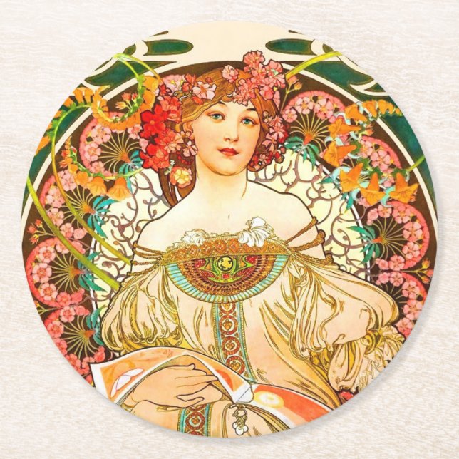 Posavasos Redondo De Papel Alphonse Mucha Art Nouveau Daydream (Anverso)
