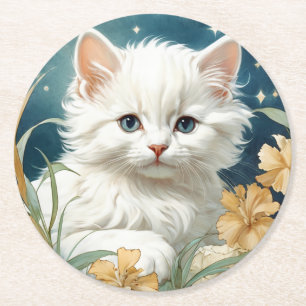 Posavasos Redondo De Papel Alphonse Mucha Art Nouveau Kitten