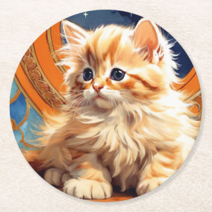 Posavasos Redondo De Papel Alphonse Mucha Art Nouveau Naranja Cat