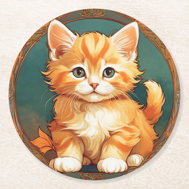 Posavasos Redondo De Papel Alphonse Mucha Style Naranja Cat (Anverso)