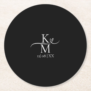 Posavasos Redondo De Papel Amar caligrafía Iniciales Corazón Blanco B&W ID940