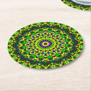 Posavasos Redondo De Papel Amarillo, verde, morado Mandala