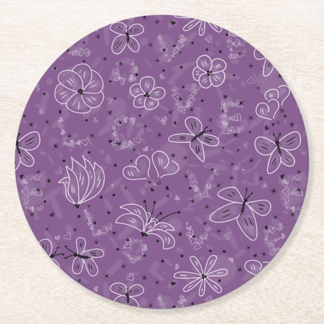 Posavasos Redondo De Papel AMOR de mariposa violeta malva - patrón sin fisura (Anverso)