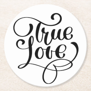 Posavasos Redondo De Papel Amor Verdadero Tipografía Negra y Blanca Boda Novi