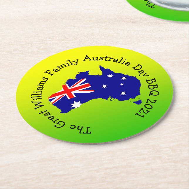 Posavasos Redondo De Papel Añadir nombre año año Australia día barbacoa (En perspectiva)