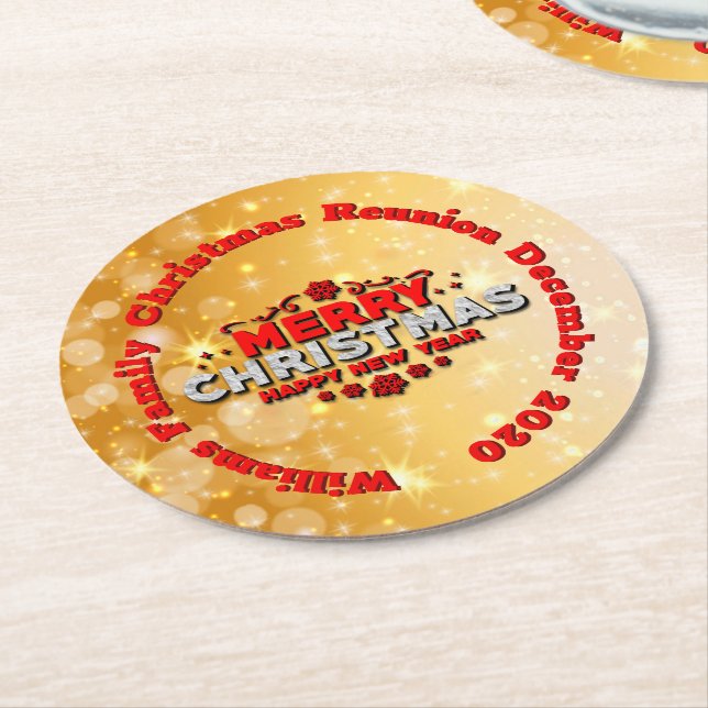 Posavasos Redondo De Papel Añadir nombre año coincidente Feliz Navidad (En perspectiva)