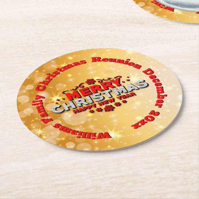 Posavasos Redondo De Papel Añadir nombre año coincidente Feliz Navidad (En perspectiva)