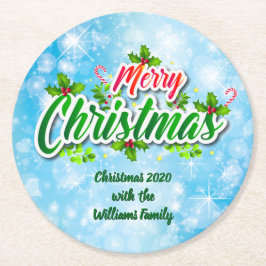 Posavasos Redondo De Papel Añadir nombre coincidente Feliz Navidad Azul